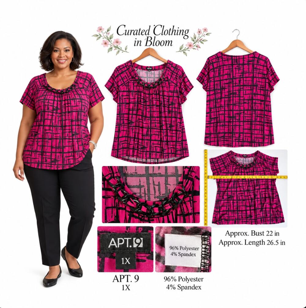 Apt. 9 Plus Size Black/Majenta Grid Pattern Short Sleeve Top Size 1X